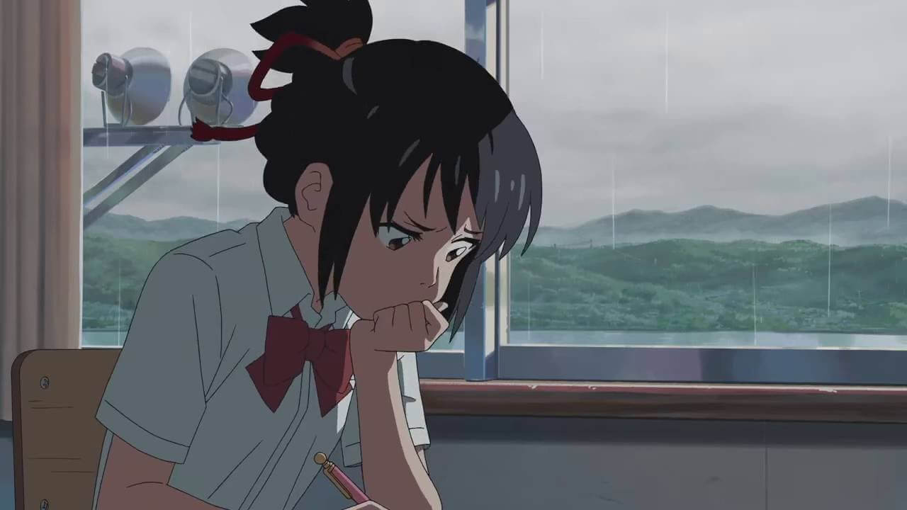 Your Name shot of Mitsuha Mitsuha studies hard